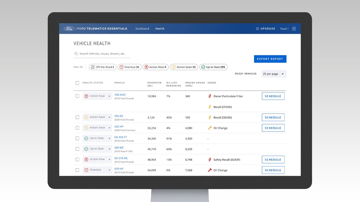 Ford Pro™ Telematics Vehicle Health software displayed on a computer