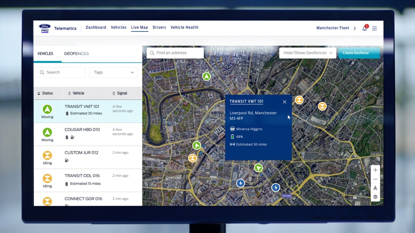 Ford Pro™ E-Telematics software displayed on monitor screen